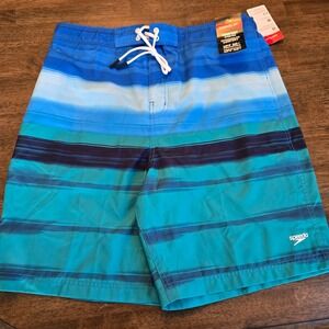 Speedo Mens XL Blue Teal Striped Board Shorts Swim Trunks UPF 50+  NEW